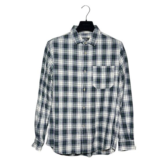 A.P.C. Cotton Linen Plaid Shirt Navy Green Cream Small - Picture 1 of 8